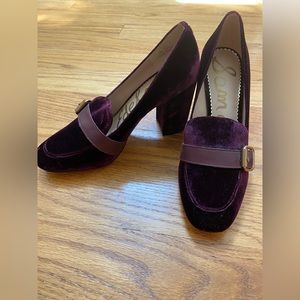 Sam Edelman 8.5 velvet burgundy heels with gold buckle